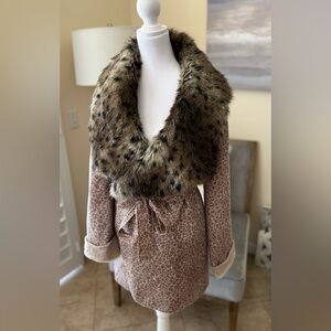 CHI by Falchi Leopard Print Wrap Coat With Faux Fur Collar
